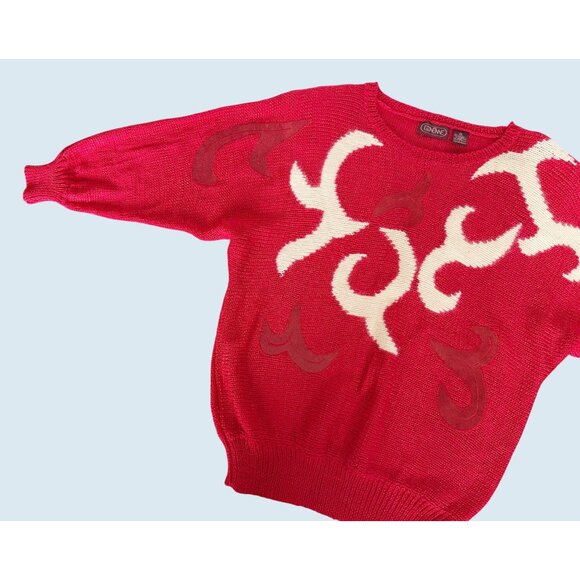 Vintage Ginenne Red Graphic Print Pullover Sweater 80s / 90s Size Medium - Picture 5 of 8